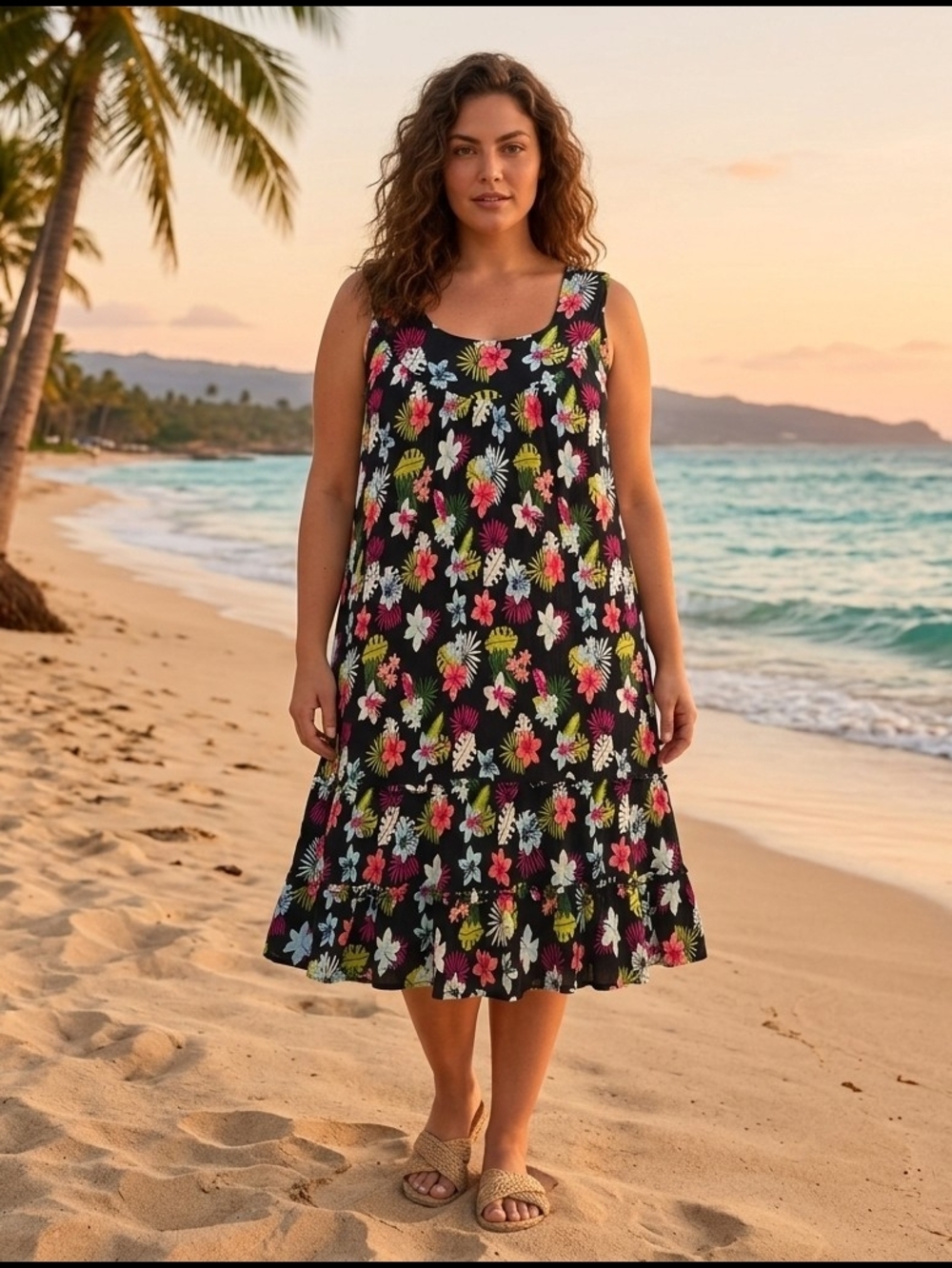 Anthony Richards Black Floral Tiered Tropical Print Dress 4X EUC Resortwear Vaca